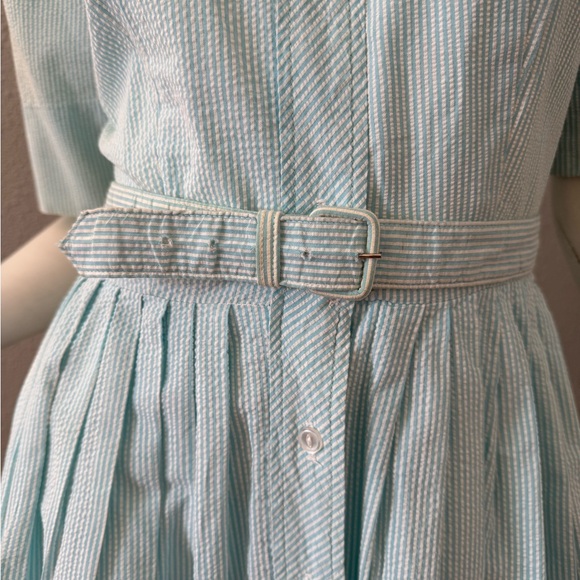 Vintage 50s Blue Striped Button Belt Fit & Flare Shirtwaist Day Dress S - Picture 8 of 15